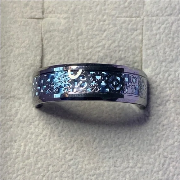 8mm Tungsten Carbide Gear Wheel Blue Carbon Fiber Inlay Mens Ring